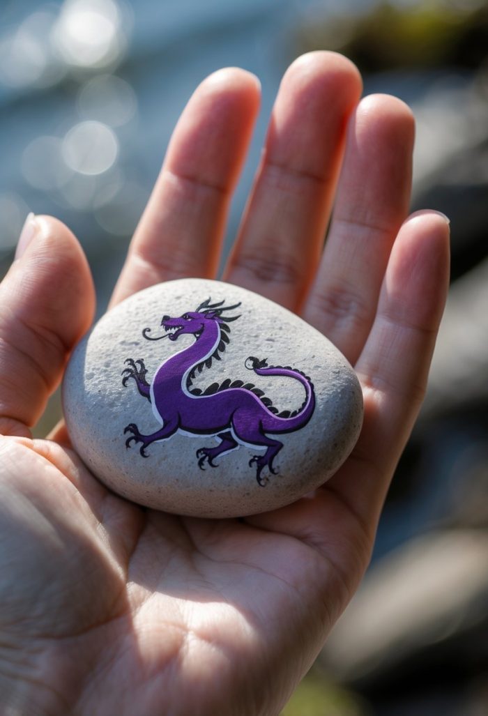 A hand holds a smooth gray stone with a purple dragon illustration on it. The background is softly blurred, hinting at an outdoor setting near water.