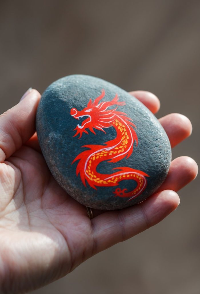 A hand holds a smooth gray stone painted with a bright red and yellow dragon design against a blurred brown background.