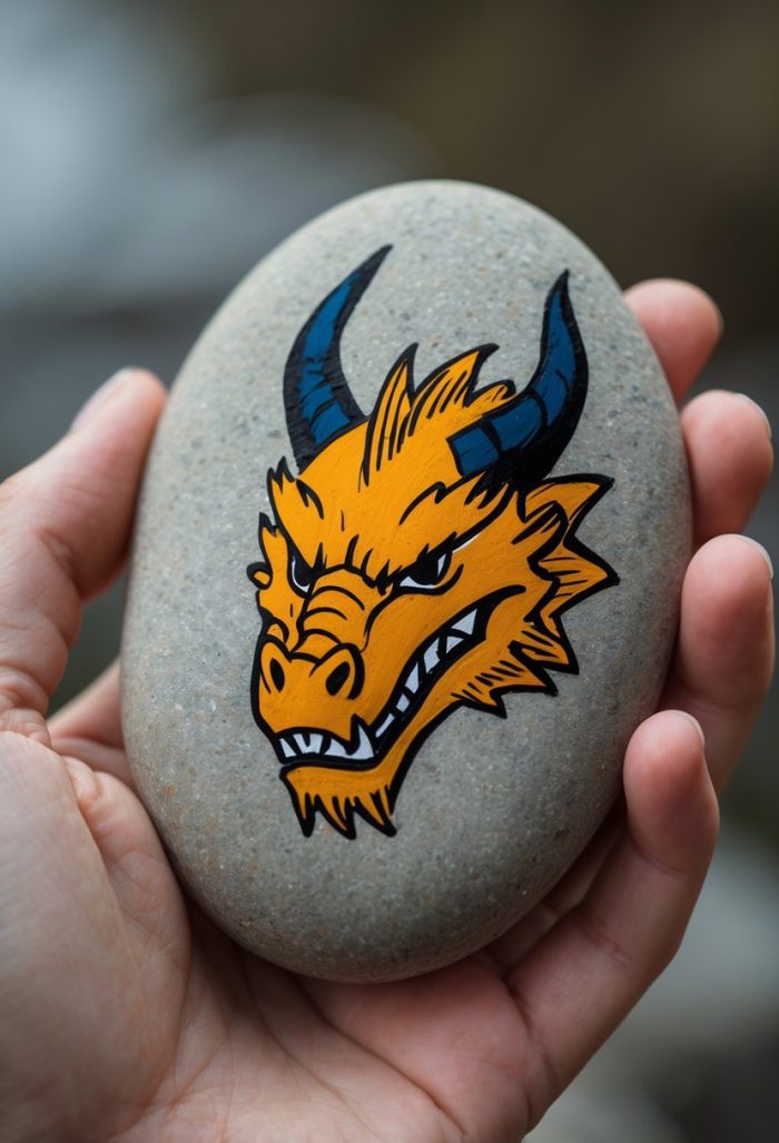 A hand holds a smooth, oval stone featuring a vibrant cartoon illustration of an orange dragon's head with blue horns, sharp teeth, and an intense expression.