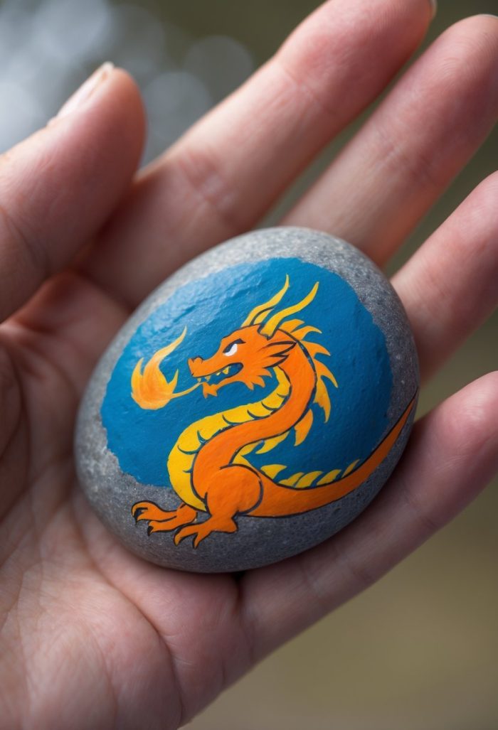 A hand holds a smooth gray stone painted with a bright orange dragon breathing fire on a blue background.