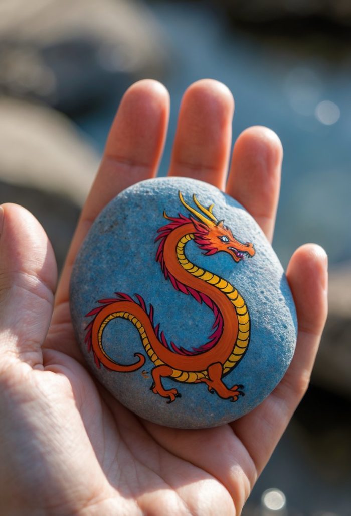 A hand holding a smooth gray stone with a colorful red and yellow dragon painted on its surface.