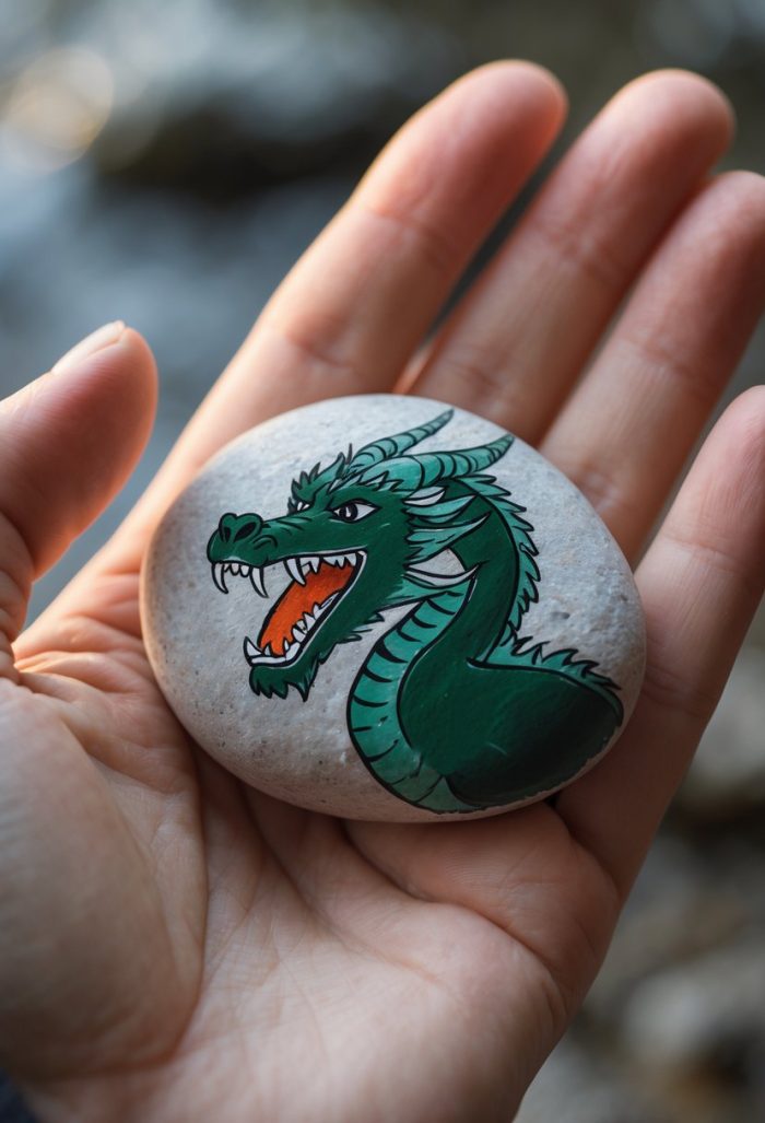 A hand holds a smooth stone painted with a detailed, green dragon head showing sharp teeth and an open mouth against a blurred background.