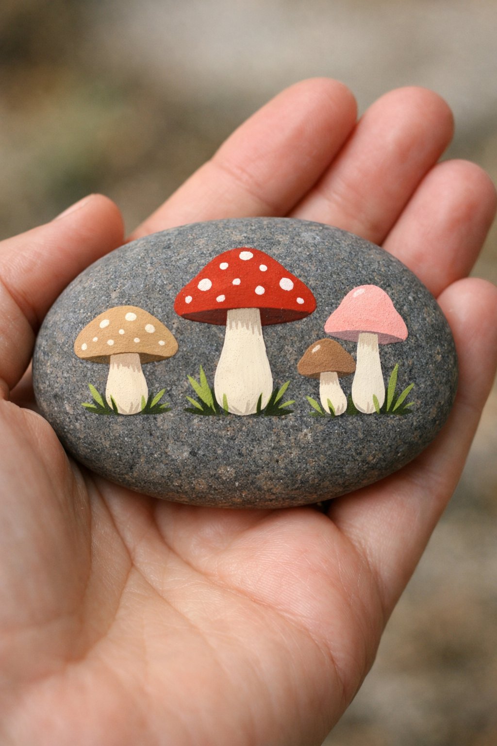 A hand holds a smooth gray stone painted with four whimsical mushrooms in red, pink, and brown, with white stems and grass at their bases.