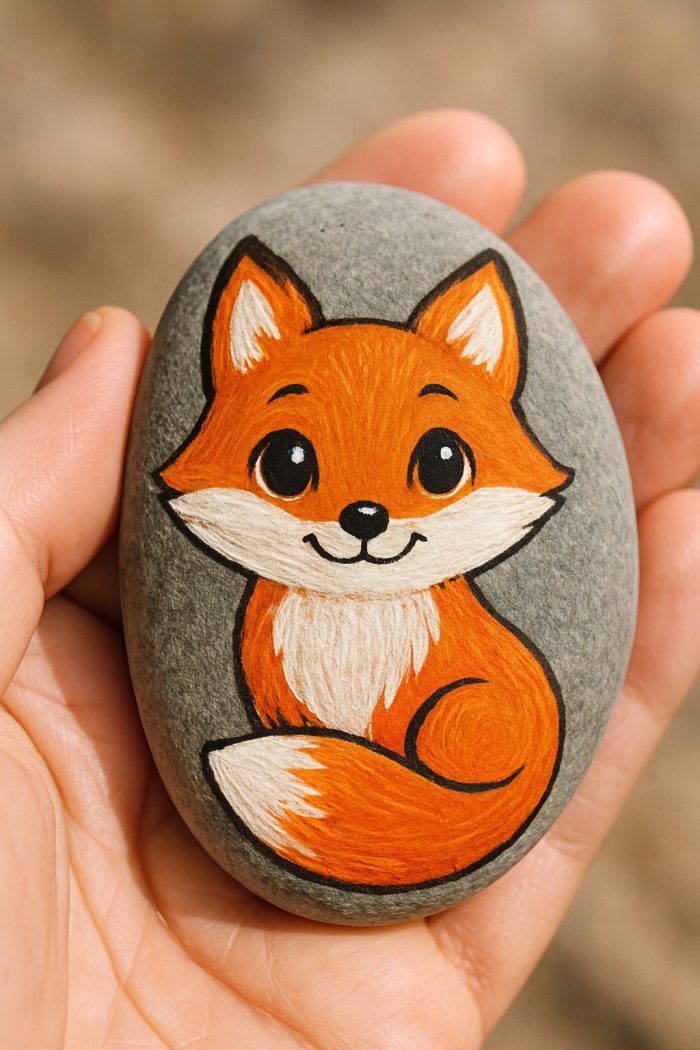 A hand holding a smooth grey stone painted with a cute, cartoon-style orange fox with big eyes and a bushy tail.