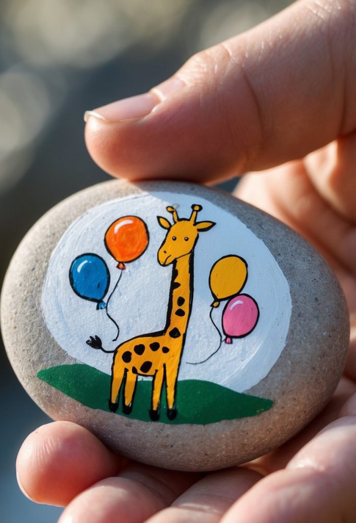 A hand holds a smooth stone painted with a cartoon giraffe standing on grass, surrounded by blue, orange, and yellow balloons against a white background.