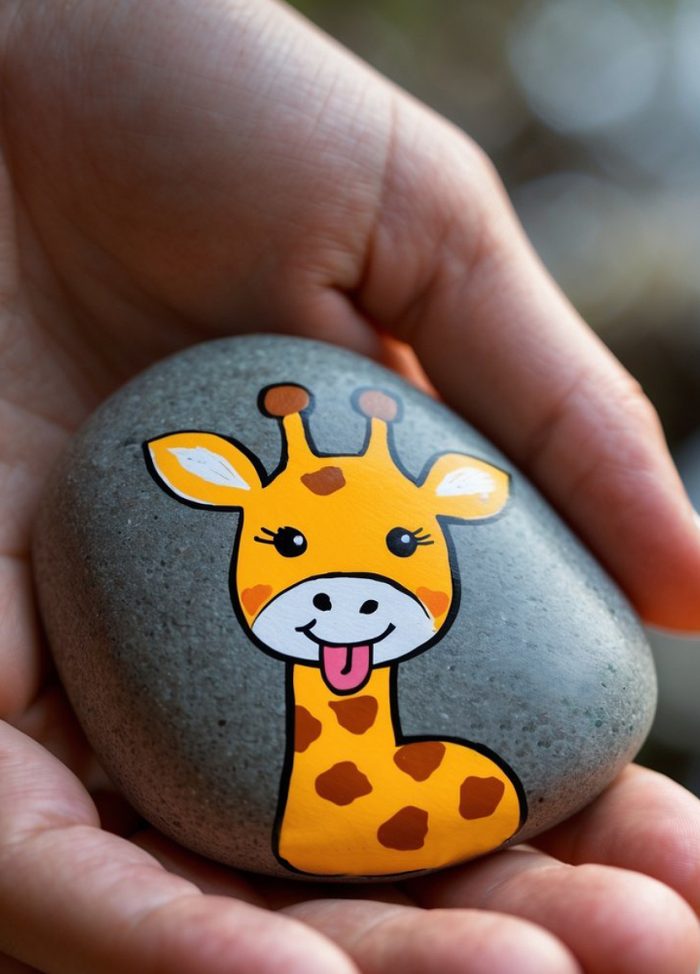 A hand holds a smooth gray stone painted with a cartoon giraffe face and neck, featuring orange spots, a smiling mouth with its tongue out, and expressive eyes.