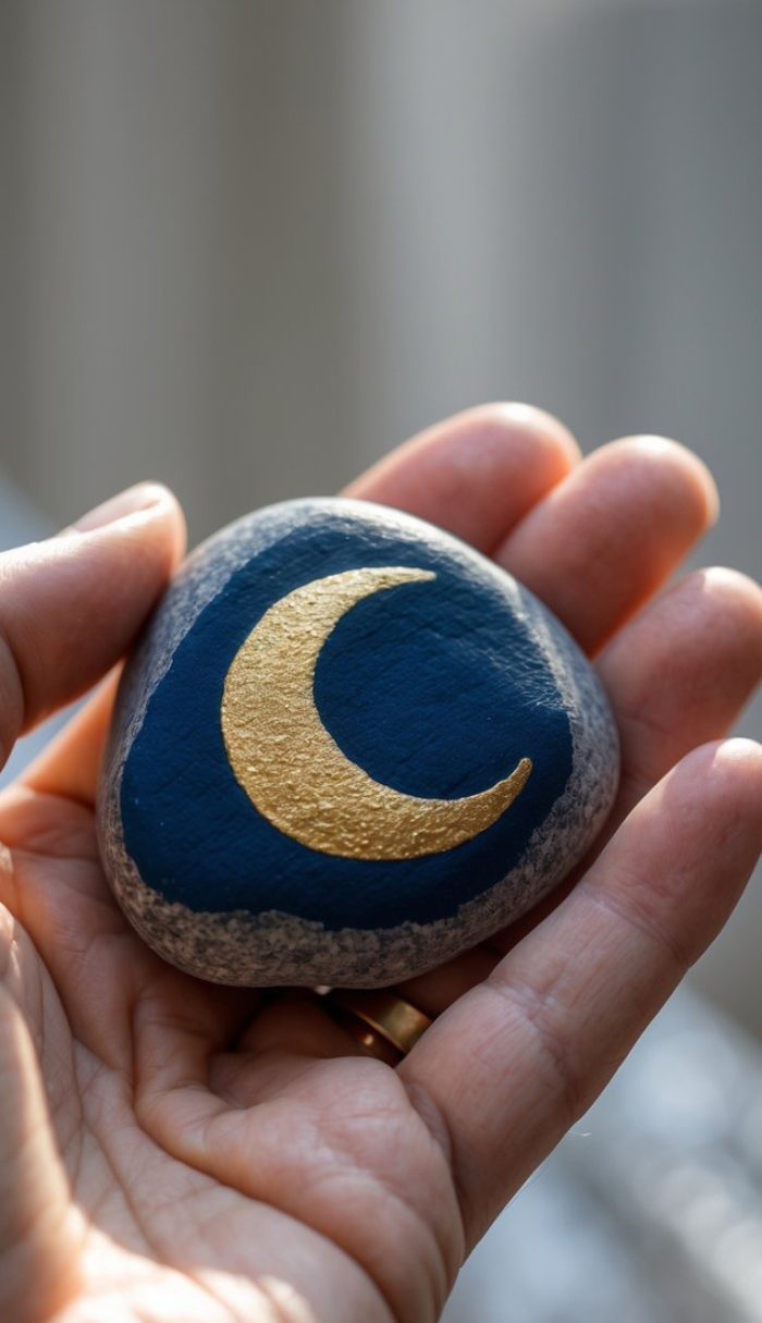 A hand holds a smooth stone painted with a gold crescent moon on a dark blue background. The image is softly lit, focusing on the stone.