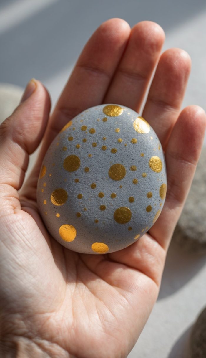 A hand holds a smooth, gray stone painted with various sizes of metallic gold polka dots, illuminated by natural light.