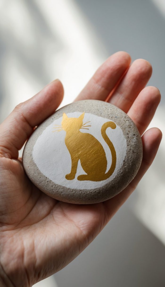 A hand holds a smooth stone painted with a golden silhouette of a sitting cat on a white background.