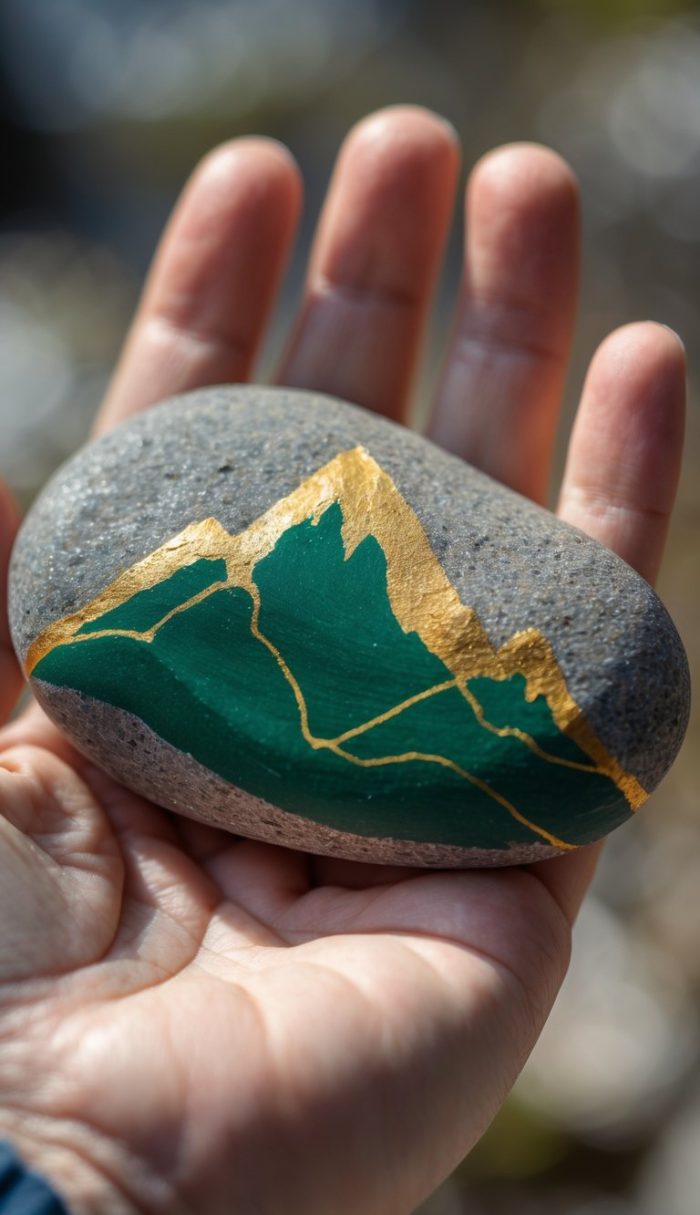 A hand holds a smooth gray stone painted with a green and gold mountain landscape, detailed with gold outlines against a blurred background.