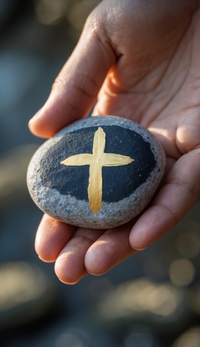 A hand holds a smooth stone painted with a gold cross on a black background.