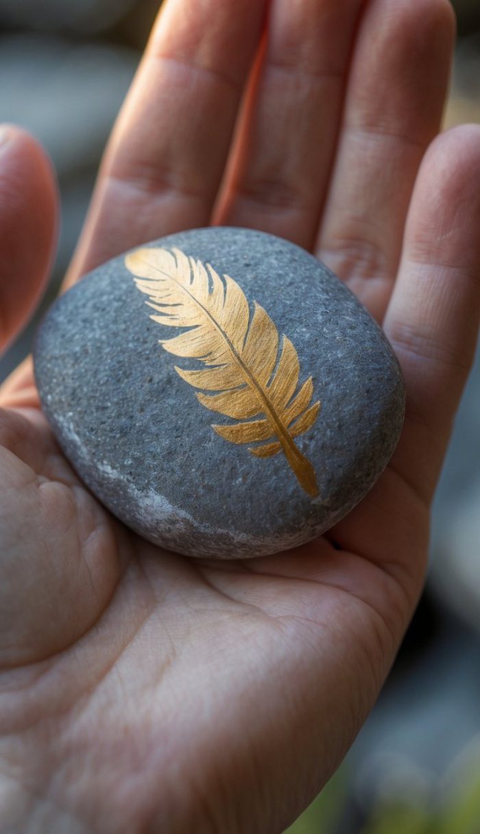 A hand holding a smooth gray stone with a golden feather design painted on its surface.