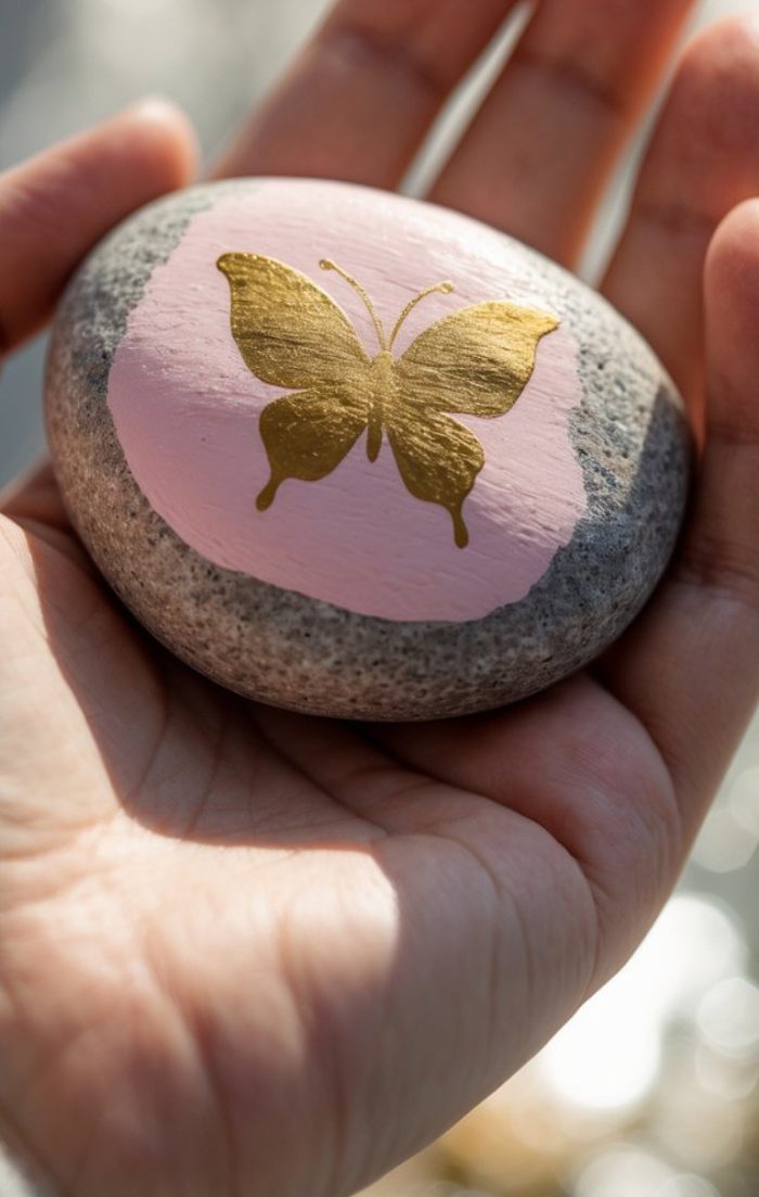 A hand holds a smooth gray stone painted with a pink oval and a gold butterfly design in the center. Sunlight softly highlights the stone and hand.