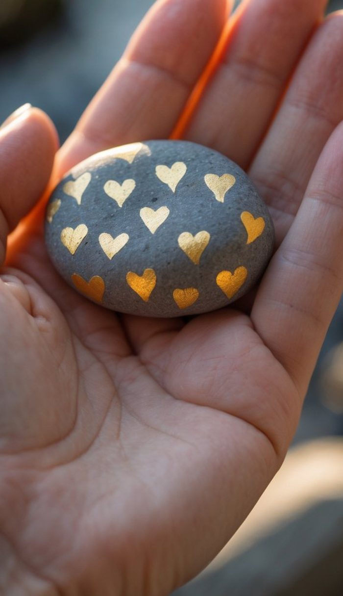 A hand holding a smooth gray stone decorated with multiple small, gold heart shapes.