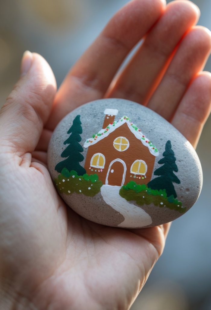 A hand holding a smooth gray stone painted with a small brown house, green trees, yellow windows, and a white path, resembling a cozy cottage scene.