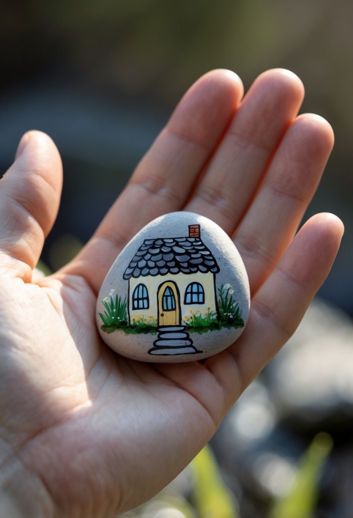 A hand holds a small, oval stone painted with a yellow house, gray roof, green bushes, and a path leading to the door. The background is blurred outdoors.