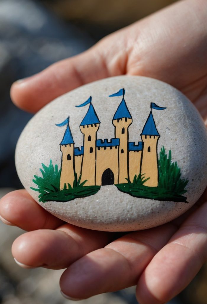 A hand holds a smooth stone painted with a yellow castle, blue rooftops, and green bushes, against a blurred outdoor background.