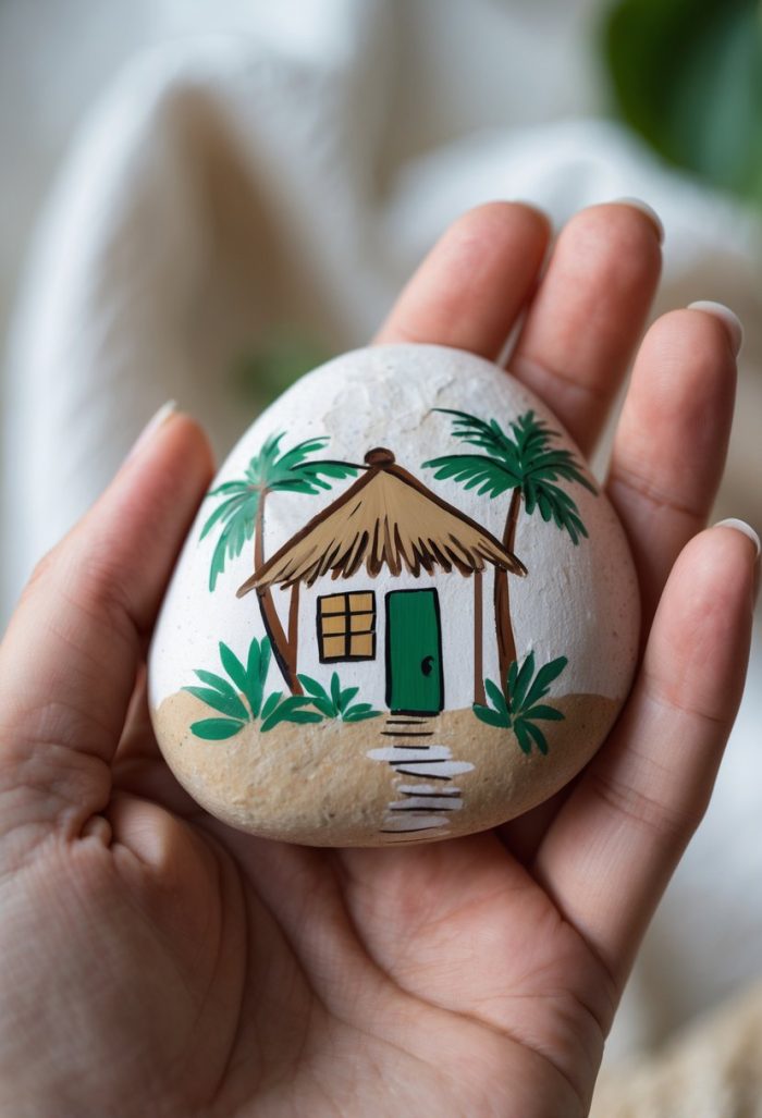 A hand holds a smooth stone painted with a small hut, green door, two palm trees, and a path surrounded by foliage, creating a tropical scene.