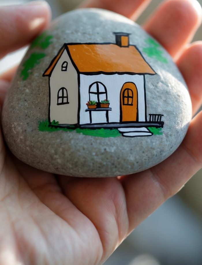 A hand holds a smooth grey stone painted with a small white house featuring an orange roof, arched door, two windows with flower boxes, and green trees in the background.