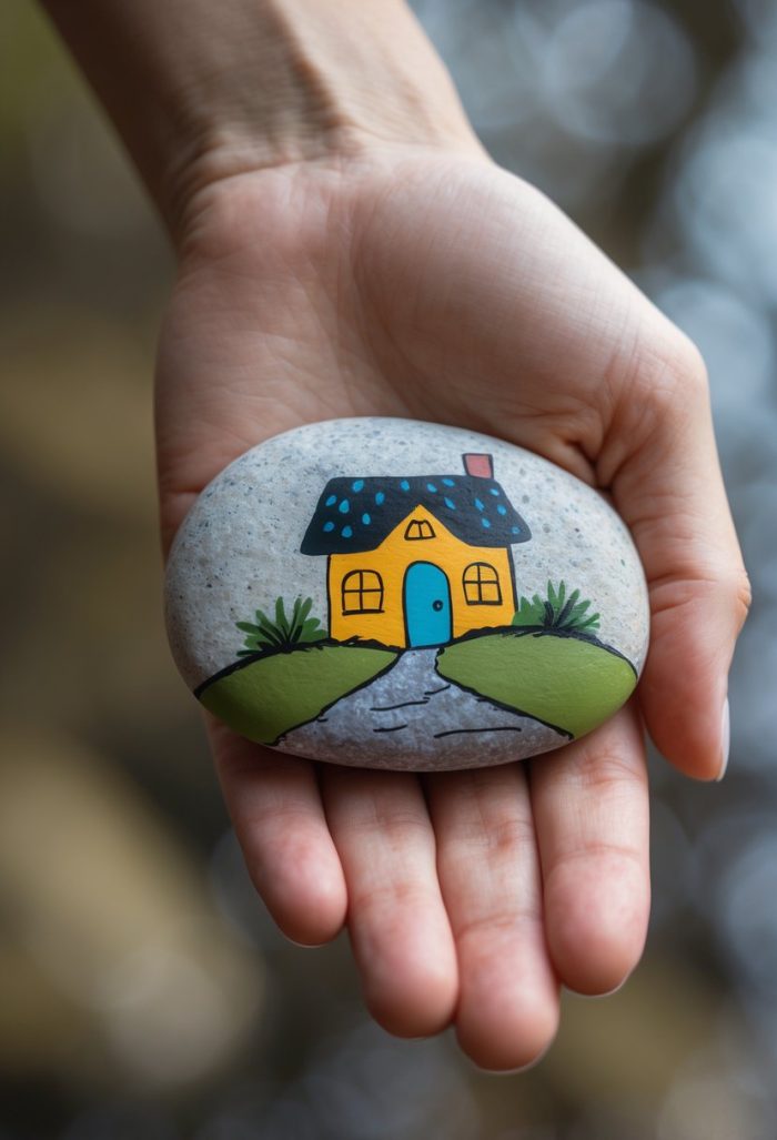 A hand holds a smooth stone painted with a small yellow house, blue roof, blue door, green bushes, and a gray path, against a blurred natural background.