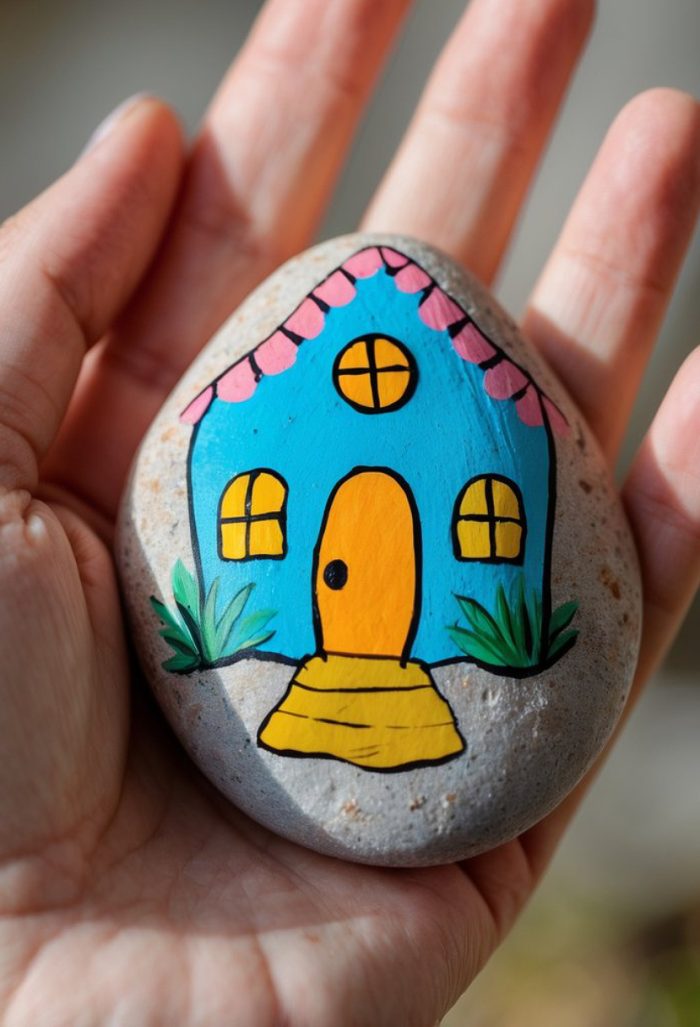 A hand holding a smooth stone painted with a bright blue house, yellow door and windows, pink roof trim, and green plants on either side of a yellow walkway.