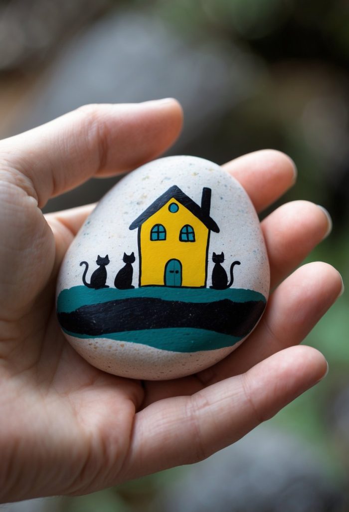 A hand holds a painted rock featuring a yellow house with a blue door and three black cats sitting outside on green grass. The background is blurred.