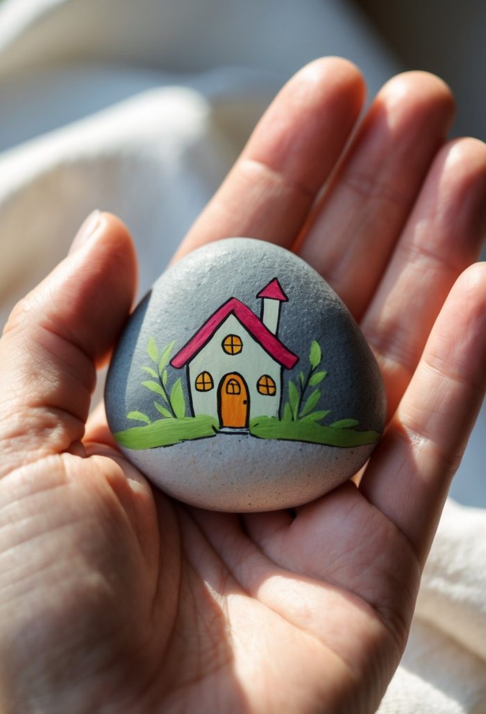 A hand holds a smooth stone painted with a colorful house, green plants, and a bright red roof, bathed in natural sunlight.