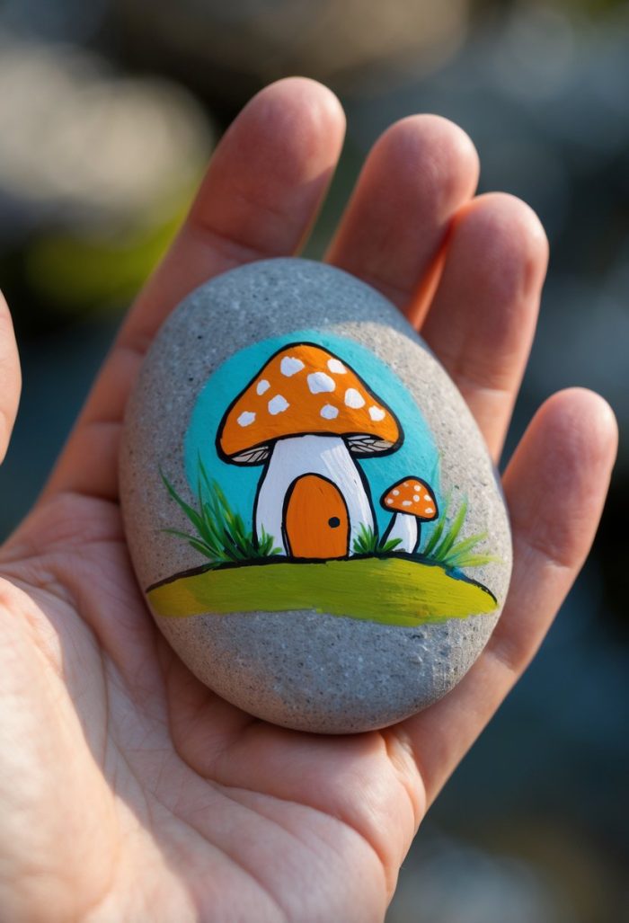 A hand holds a smooth stone painted with two orange and white mushrooms, one large and one small, with grass and a blue background. The large mushroom has a door, resembling a tiny house.