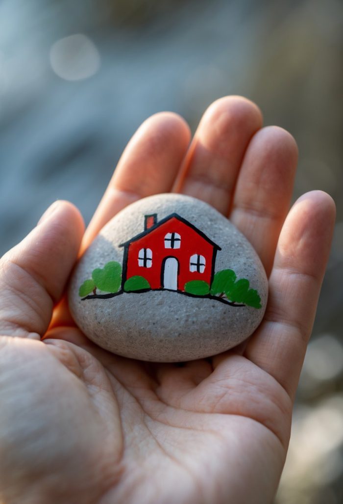 A hand holds a smooth stone painted with a small red house, white windows and door, green bushes, and a gray roof against a blurred background.