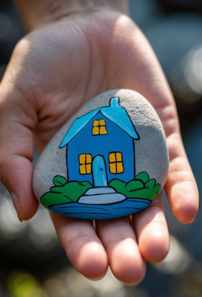 A hand holds a smooth stone painted with a blue house, yellow windows, green bushes, and a white path, against a softly blurred background.
