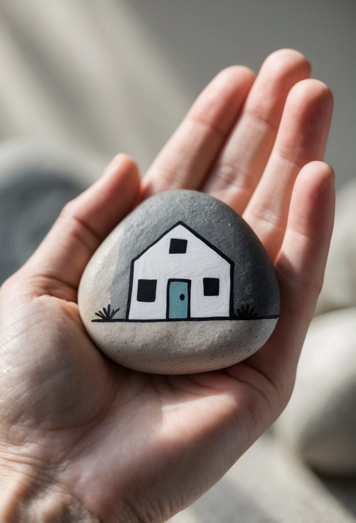 A hand holds a smooth stone painted with a simple white house, blue door, black roof, and small plants on either side, with a soft blurred background.