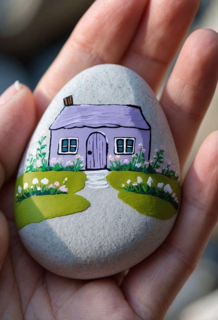 A hand holds a smooth stone painted with a small, purple cottage surrounded by green grass, flowers, and a winding path, against a blurred background.