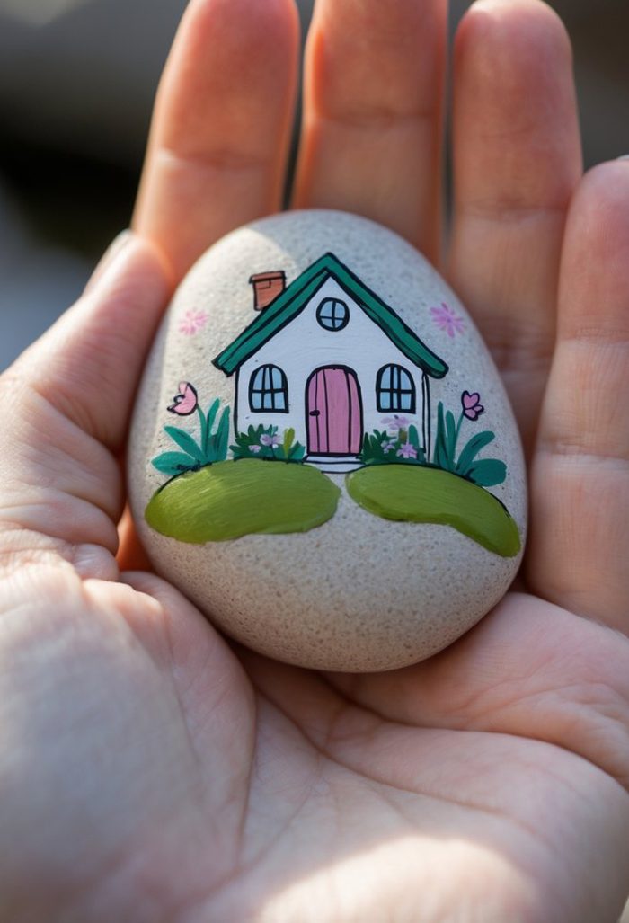 A hand holds a smooth stone painted with a small, colorful house, green bushes, flowers, and a pink door. The stone artwork creates a whimsical, cozy scene.