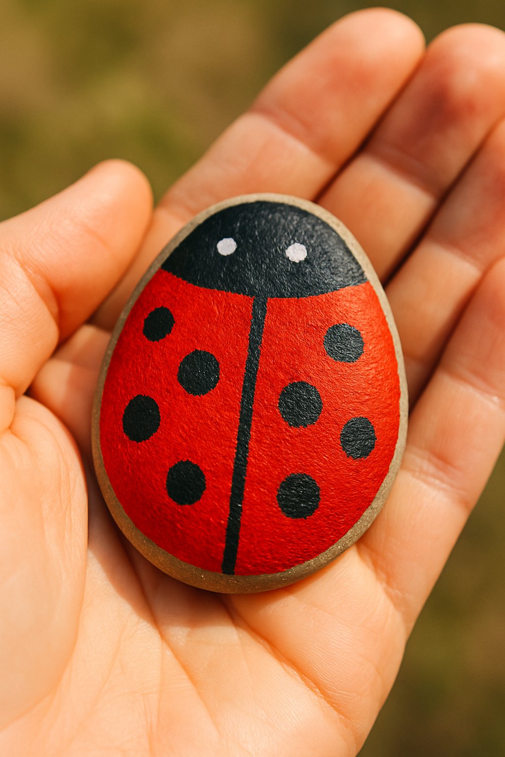 A hand holding a smooth stone painted to look like a ladybug, with a red body, black spots, and a black head with two white eyes.