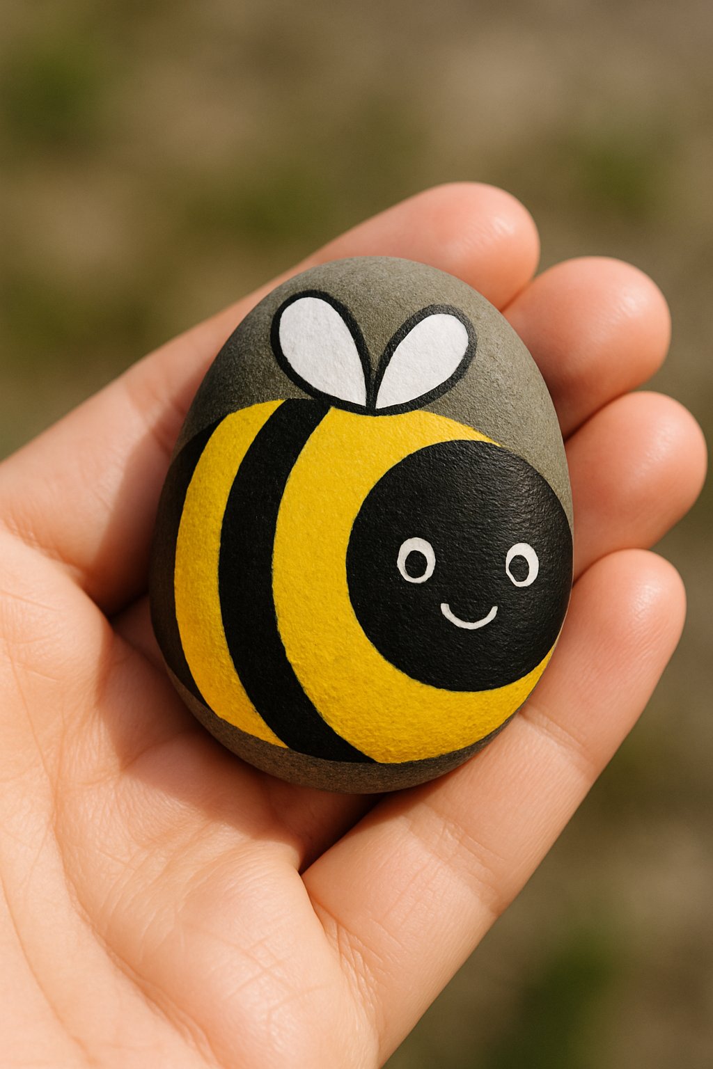 A hand holds a smooth stone painted with a cute cartoon bumblebee, featuring yellow and black stripes, white wings, and a smiling face. The background is blurred.