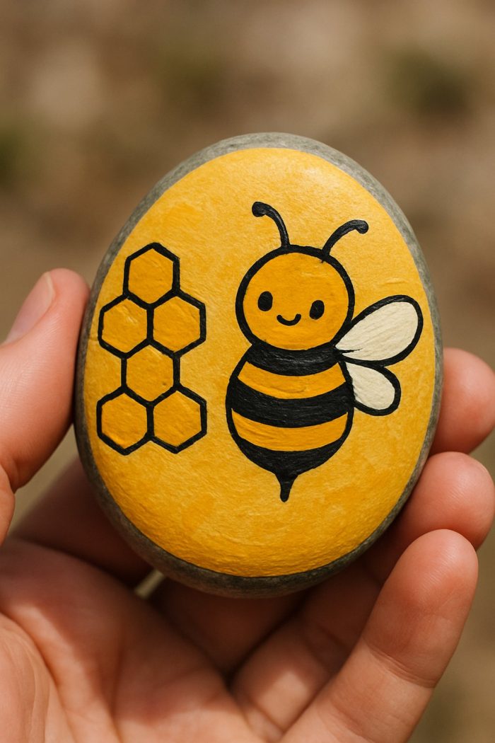 A hand holds a smooth, yellow-painted rock featuring a cute, cartoon-style bee with a smiling face next to a simple honeycomb design.