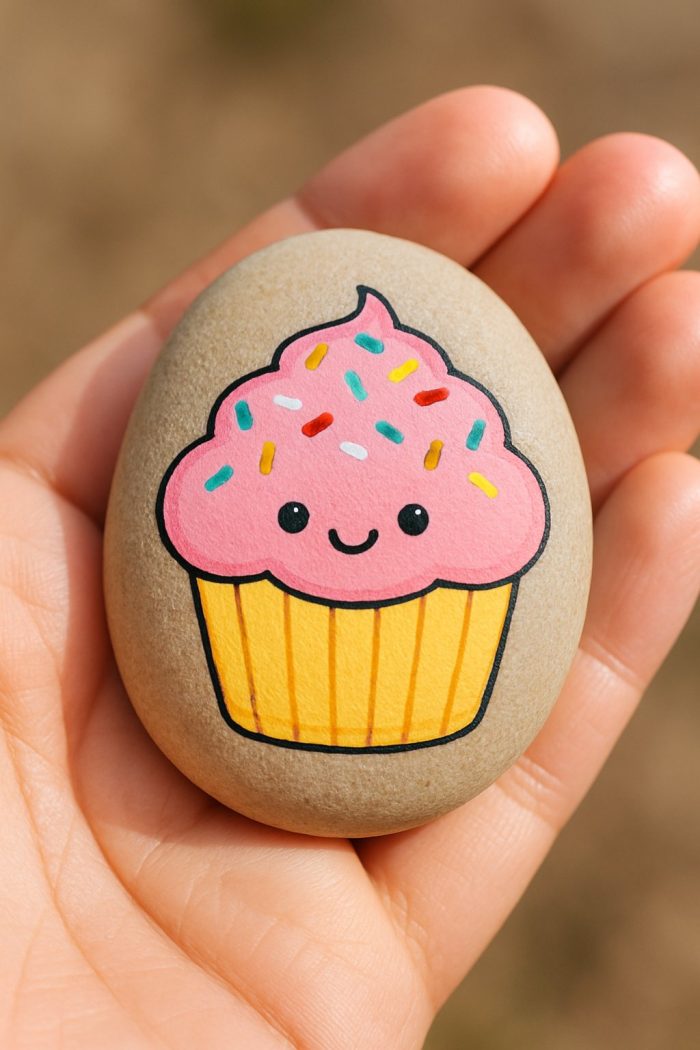 A hand holds an oval-shaped stone painted with a cute cupcake design. The cupcake has a pink, smiling frosting top with colorful sprinkles and a yellow wrapper.