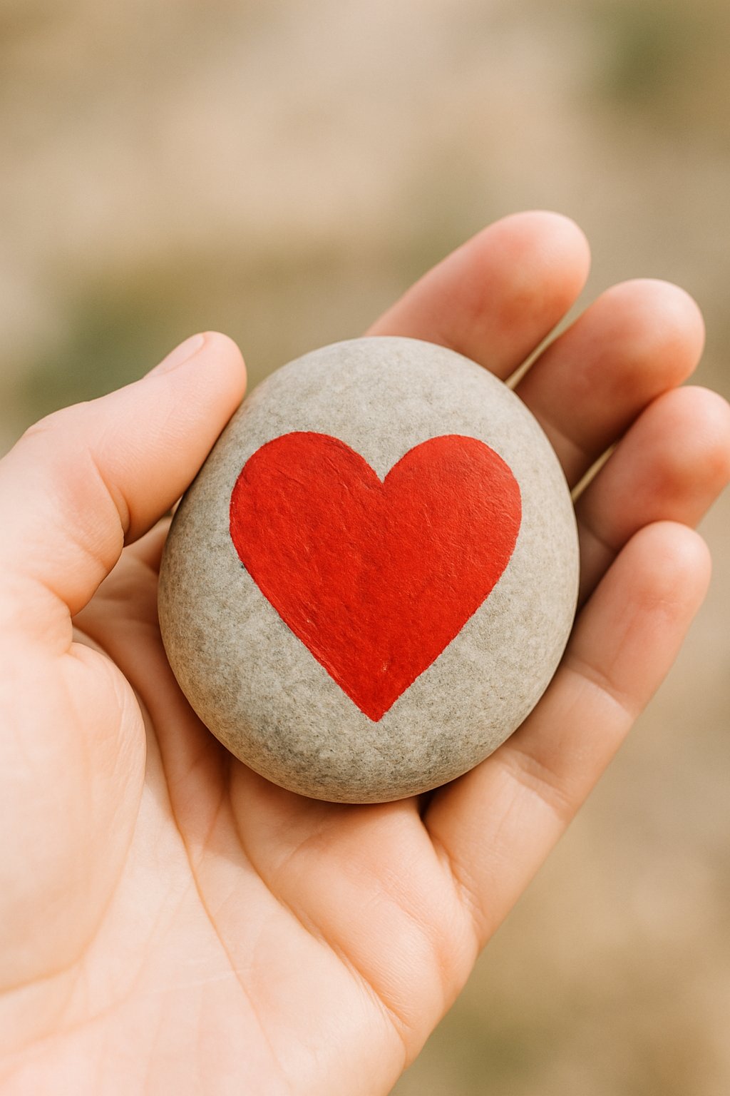 A hand holding a smooth, round stone with a bright red heart painted on it, against a blurred, neutral background.