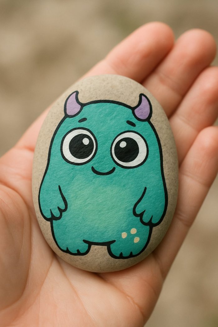 A hand holds a smooth oval rock painted with a cute cartoon monster. The monster is teal with big eyes, small purple horns, a smiling face, and three yellow spots on its lower right side.