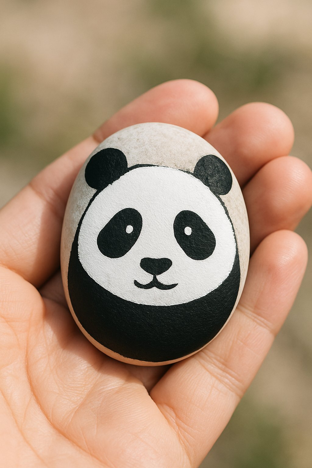 A hand holds a smooth stone painted with a cute panda face, featuring black ears, eyes, nose, and mouth on a white background. The stone contrasts with the natural skin tone of the hand.