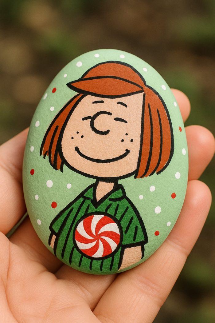 A hand holds a green egg decorated with a smiling cartoon character with short red hair, freckles, and a green striped shirt, featuring a peppermint swirl design on the chest.