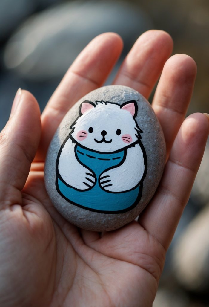 A hand holds a smooth gray stone painted with a cute white cat wearing a blue shirt, featuring pink cheeks and a friendly expression.