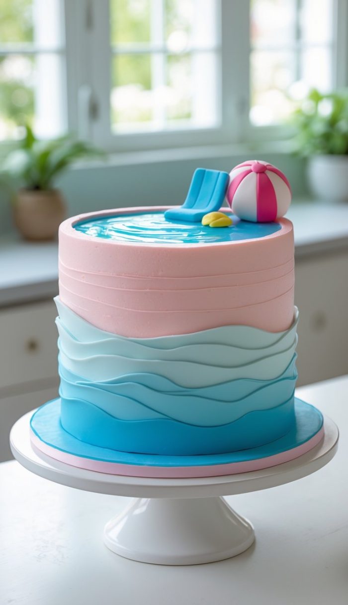 A round cake decorated with blue and pink icing to resemble water and waves, topped with edible pool float and beach ball decorations, displayed on a white cake stand in a bright kitchen.