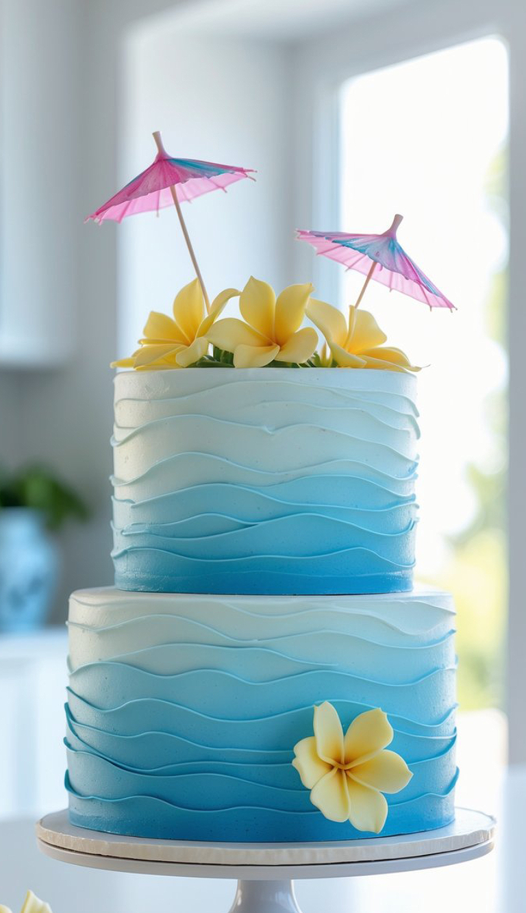 A two-tiered cake with blue and white wave-like frosting, decorated with yellow plumeria flowers and two pink cocktail umbrellas on top, sits in a brightly lit room.