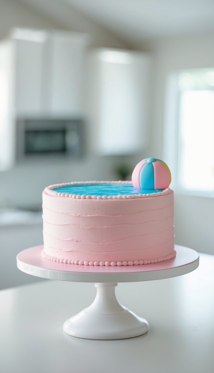 A pink frosted cake with a blue pool design on top and a small, colorful fondant beach ball, displayed on a white cake stand in a bright kitchen.