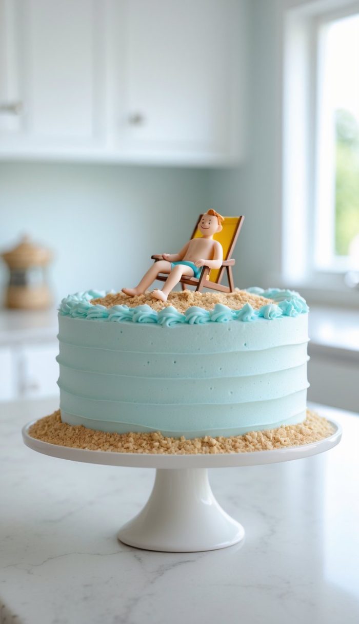 A cake decorated with light blue icing and cookie crumbs, topped with a figurine of a person lounging on a beach chair, resembling a beach scene, set on a white cake stand in a bright kitchen.