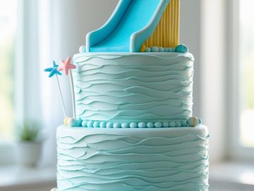 A two-tiered light blue cake with textured icing, decorated with a slide topper, blue and yellow candy accents, and two star-shaped sticks, displayed on a white cake stand in a bright kitchen.