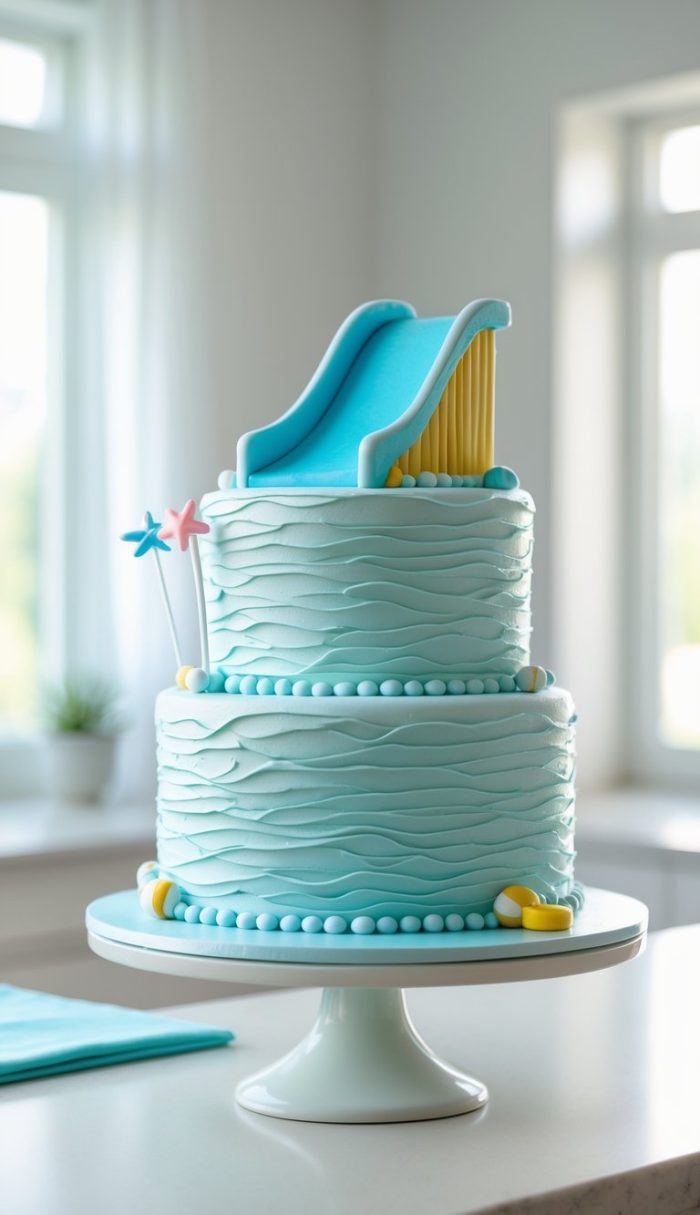 A two-tiered light blue cake with textured icing, decorated with a slide topper, blue and yellow candy accents, and two star-shaped sticks, displayed on a white cake stand in a bright kitchen.