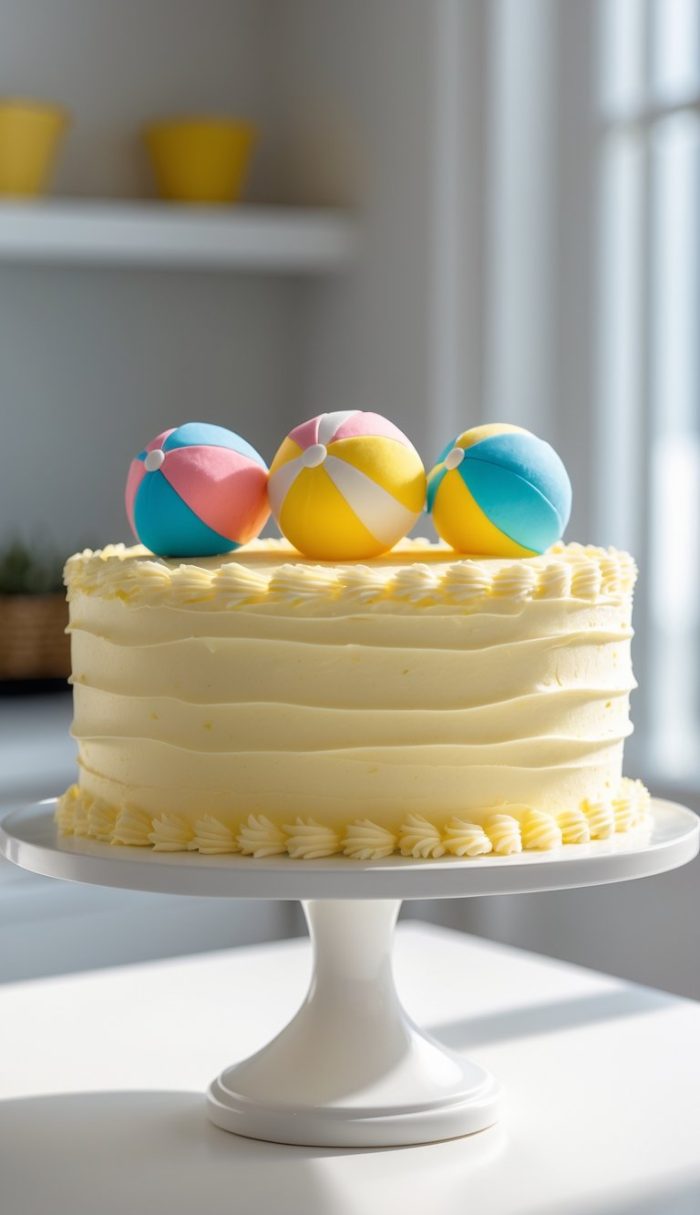 A vanilla frosted cake on a white stand, decorated with three colorful fondant beach balls on top, sits in a bright kitchen with sunlight streaming through a window.