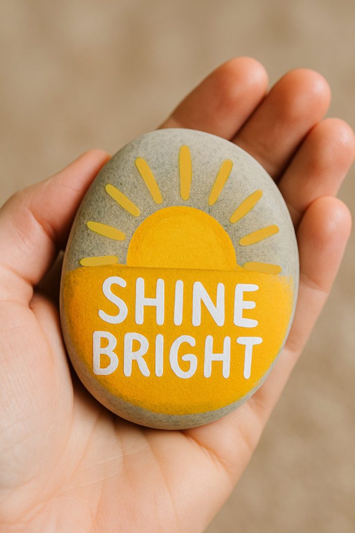A hand holds a smooth stone painted with a yellow sun and the words "SHINE BRIGHT" in white letters.
